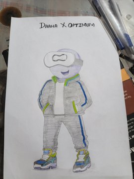 A hand-drawn sketch on white paper labeled "DARIA Y. OPTIMURA" depicting a small character in a white puffy jacket, gray pants, and green-and-white sneakers.