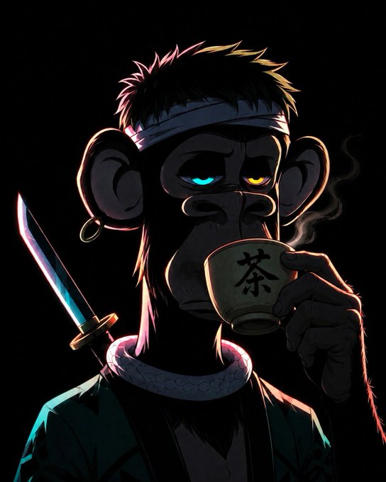 A stylized digital illustration of a monkey wearing a headband, holding a cup of tea with the Chinese character '茶' (tea) and a katana sword, set against a black background.