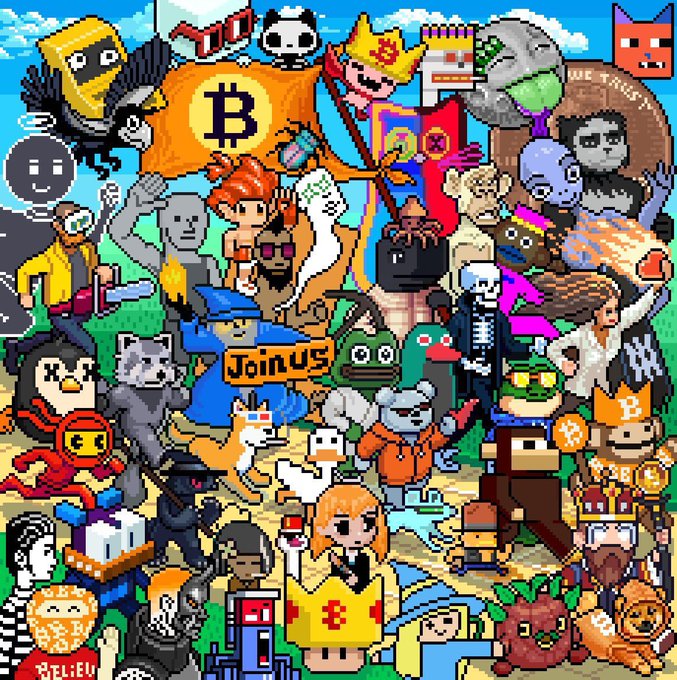 A dense pixel-art collage featuring numerous cartoon characters, mascots, Bitcoin symbols, and a 'Join us' sign against a beach background.