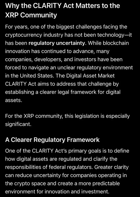 The image displays a text excerpt titled "Why the CLARITY Act Matters to the XRP Community," explaining how the Digital Asset Market CLARITY Act aims to reduce regulatory uncertainty for digital assets like $XRP by establishing a clearer legal framework—directly supporting the post's claim that the legislation is significant for every XRP holder.