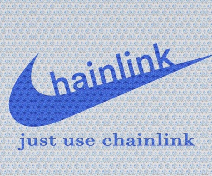 A graphic featuring a blue Nike-style swoosh logo with the text 'hainlink' inside it, set against a patterned background, with the tagline 'just use chainlink' below.