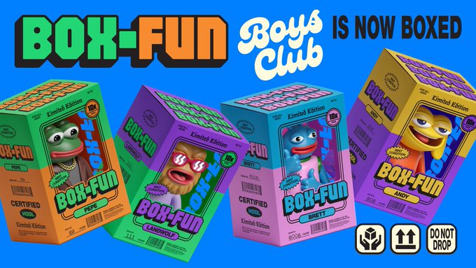 Promotional graphic for 'Box-Fun' by Boys Club featuring four collectible figure boxes labeled Pepe, Leanhole, Brett, and Andy in 'Limited Edition' packaging with '100% Certified Vegan' labels.