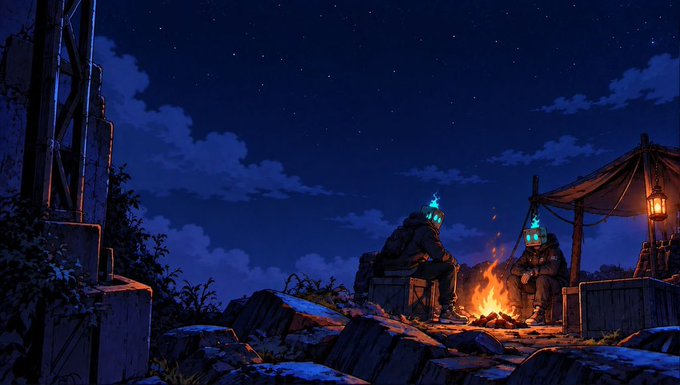 A digital illustration of a fantasy landscape featuring two statues with glowing green eyes sitting by a campfire at night, with a lantern hanging from a wooden structure.