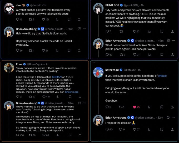 A collage of four X (Twitter) threads shows Brian Armstrong (@brian_armstrong), CEO of Coinbase, responding to community criticism about tokenizing social media posts on Base. He engages with users like @nerdlif, @punk808_, @RuneCrypto, and @katexbt, saying he'll "let it work," questioning commitment definitions, admitting he wasn't following the "$RIAN" on-chain token, and ultimately declining to support the coin while saying he respects others' decisions. The image illustrates the controversy referenced in the caption, where Armstrong's responses suggest a disconnect from crypto Twitter (CT) culture, prompting criticism that Base and Coinbase should hire CT natives to manage their social presence.