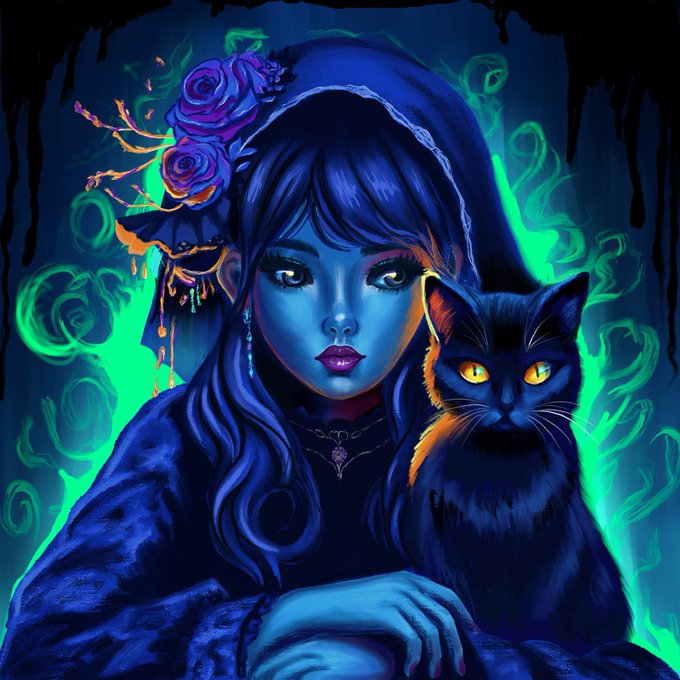 A digital illustration of a blue-skinned woman with flowing dark hair and purple roses in her hair, alongside a black cat with glowing yellow eyes, set against a vibrant green and blue background.