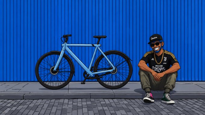 A stylish animated illustration shows a man wearing a "Champion" cap, Adidas shirt, and gold chain sitting against a vibrant blue corrugated wall next to a light blue bicycle, embodying the "Gm CT" (good morning Crypto Twitter) hustle-and-motivation message of chasing movement and money.