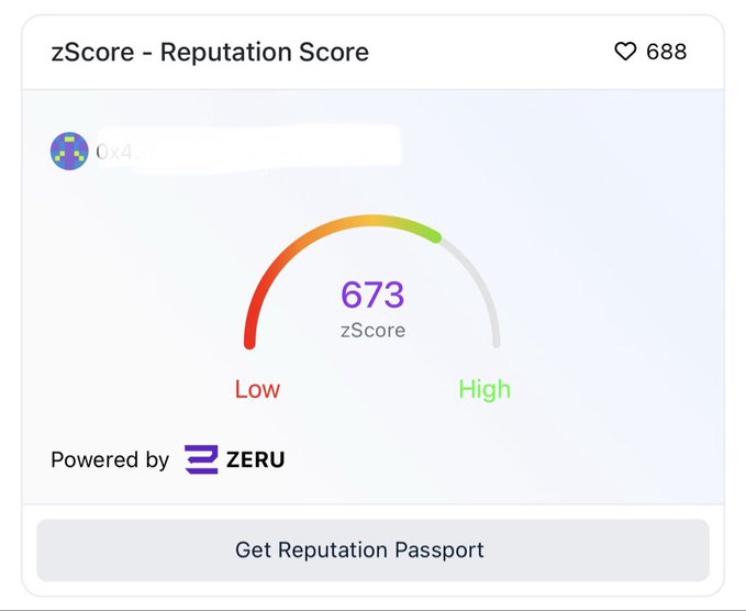 A zScore Reputation Score dashboard from ZERU displays a score of 673, with a gauge indicator positioned in the green 'High' zone.