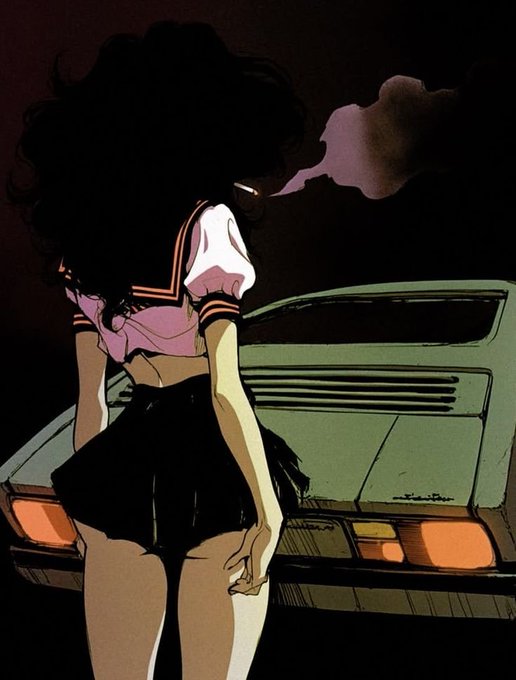 A dark-haired figure in a pink top and black skirt stands beside a green car at night, exhaling a cloud of purple smoke. The moody, mysterious aesthetic mirrors the post's commentary on pumpfun's shift toward embracing its trading community rather than imposing disconnected narratives, suggesting a quiet but significant pivot in the platform's approach.