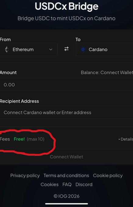 The image shows a screen that displays information about the fees associated with USDC Bridge transactions, specifically focusing on the number 10 transaction. There's an option available for someone to purchase 100 usdc coins at this time, but there are no fees for these transactions yet. The text indicates that this is related to a post where someone has mentioned USDC x as well.