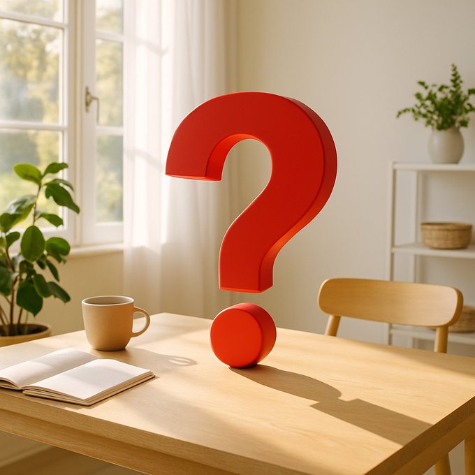 A large red 3D question mark floats on a wooden table next to a coffee cup and an open book, illuminated by sunlight in a bright, cozy room.