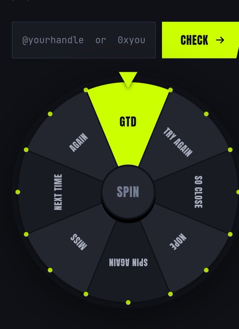 A 'Spin the Wheel' interface with segments labeled 'GTD', 'TRY AGAIN', 'AGAIN', 'NEXT TIME', 'MISS', 'SPIN AGAIN', and 'NOPE', along with a text input field for a social media handle.