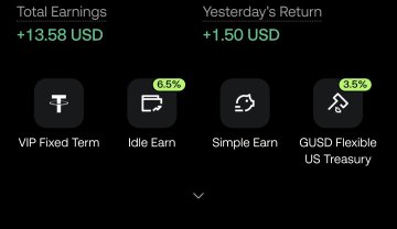 A cryptocurrency earnings dashboard showing Total Earnings of +13.58 USD and Yesterday's Return of +1.50 USD, with four earning options: VIP Fixed Term, Idle Earn (6.5%), Simple Earn, and GUSD Flexible US Treasury (3.5%).