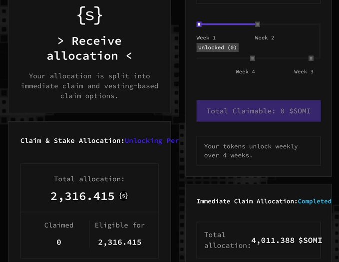 Dark-themed interface showing a token allocation dashboard with 'Receive allocation' section, displaying total allocation of 2,316.415 tokens, a weekly unlocking progress bar, and $SOMI token details.