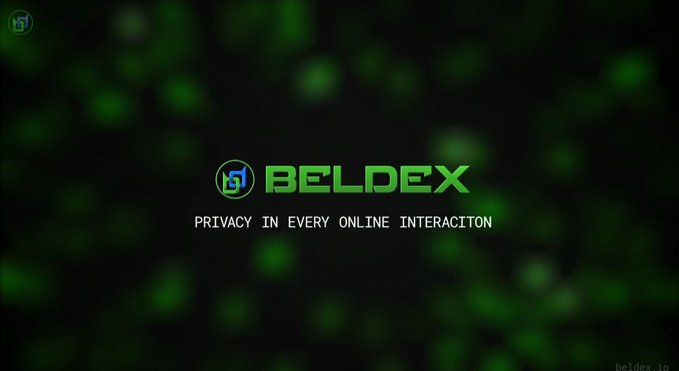 A dark promotional banner with green bokeh background displays the Beldex logo and tagline 'Privacy in every online interaciton' (noting the typo in 'interaction').