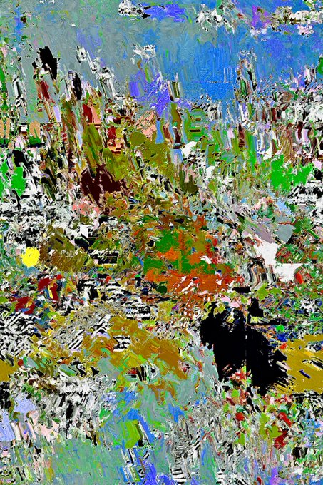 Abstract expressionist painting with chaotic textured brushstrokes in blue, green, yellow, red, and earth tones.