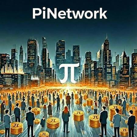 A promotional graphic for 'PiNetwork' featuring a stylized cityscape with crowds of people holding stacks of pi-coin (π) tokens, and the pi symbol displayed prominently in the center.