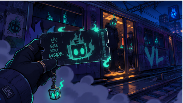 An illustrated scene showing a gloved hand holding a glowing green ticket that reads 'SEE YOU INSIDE.' with a robot design, while figures in gas masks stand in a graffiti-covered subway car.