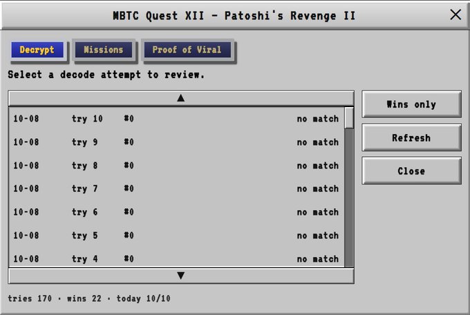 A retro-style software window titled 'NBTC Quest XII - Patoshi's Revenge II' showing a list of decode attempts with 'no match' results, and a stats bar reading 'tries 170, wins 22, today 10/10'.