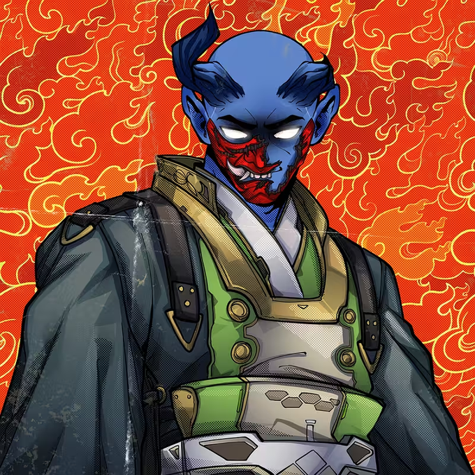 The image features an anime character with blue skin, red eyes, and horns wearing a green and gold outfit that includes a backpack. The character appears to be standing against a backdrop of orange and yellow swirls or flames, which gives the impression of a fire-breathing dragon. The post about this art seems to be related to the anime "@sempireDAO Best" as indicated by the caption provided.