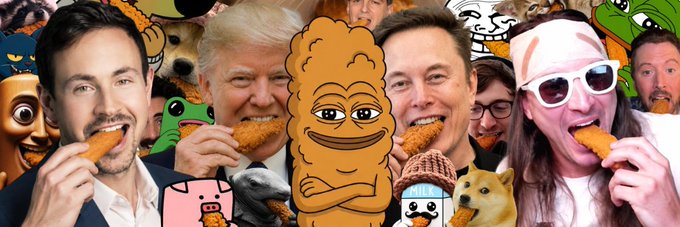 A collage features several recognizable figures—including Donald Trump, Elon Musk, and others—holding fried chicken tenders, surrounding a central cartoon chicken mascot associated with the Solana token $TENDIES, reflecting the meme theme of the community-submitted banner on Moby.