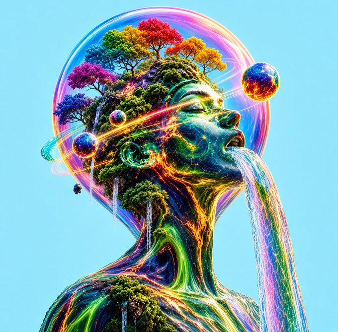 A vibrant digital artwork of a human figure with a head made of colorful trees, flowing water emerging from the mouth, and planetary spheres orbiting within a rainbow aura against a blue background.