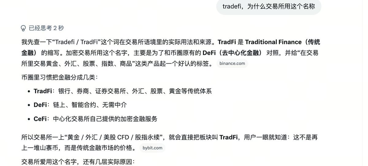 A Chinese-language AI chatbot response explaining why cryptocurrency exchanges use the name 'Tradefi' (Traditional Finance), distinguishing it from DeFi and CeFi.