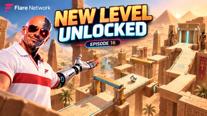 A promotional graphic for Flare Network titled 'NEW LEVEL UNLOCKED EPISODE 16,' featuring a man with a robotic arm gesturing toward a 3D obstacle course set in an ancient Egyptian-themed environment.