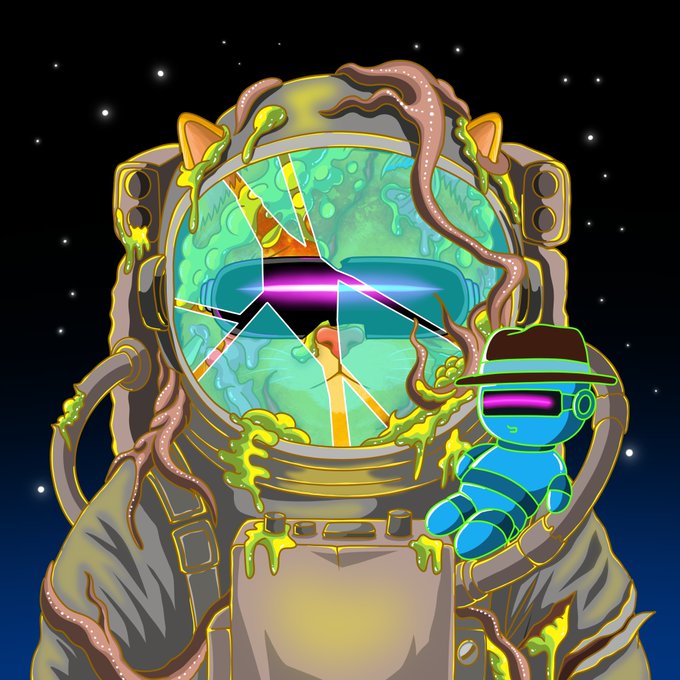 The image features a cartoon depiction of an astronaut with a green face, wearing a helmet that has been broken into pieces by a monster. The monster appears to be holding a piece of the astronaut's helmet as part of its attack. In addition to the main character, there is also a small blue robot in the scene.