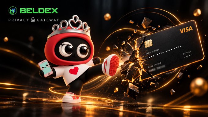 A promotional image for BELDEX 'Privacy Gateway' featuring a cartoon character in a red hoodie kicking a Visa credit card.