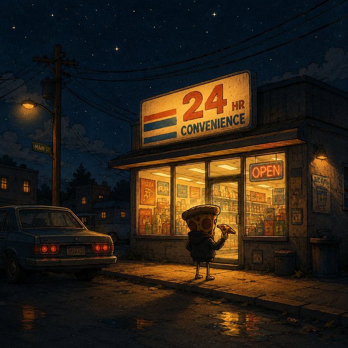 A retro-style animated illustration of a pizza slice character standing outside a lit "24 HR CONVENIENCE" store at night, with a parked car and a starry sky in the background.