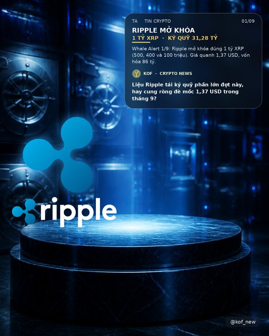 A promotional graphic for Ripple (XRP) cryptocurrency featuring the logo and Vietnamese text discussing a whale alert and price targets of 1.37 USD.