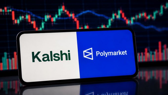 A smartphone displaying the Kalshi and Polymarket logos side-by-side with a stock market candlestick chart in the background.