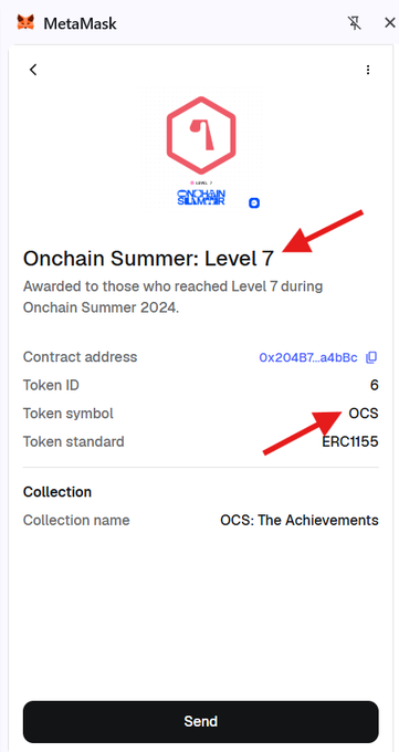 A MetaMask wallet screenshot displays an "Onchain Summer: Level 7" NFT from the "OCS: The Achievements" collection (token symbol OCS, ERC1155 standard, contract address 0x204B7...a4bBc), with arrows highlighting the achievement level and token symbol, supporting the post's claim that Base Onchain Summer NFTs from Levels 1–7 are available in users' wallets.