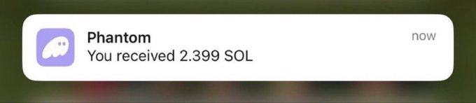 A Phantom wallet notification displays "You received 2.399 SOL," accompanying a post from a content creator running a Sunday giveaway encouraging followers to turn on notifications for a chance to win.