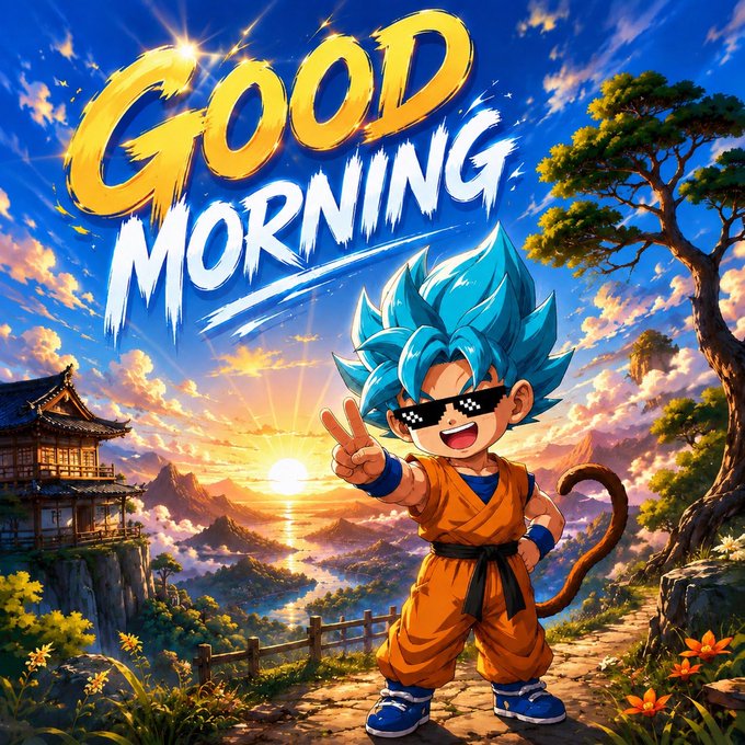 A chibi anime-style Goku with glowing blue hair and pixelated "deal with it" sunglasses flashes a peace sign against a vibrant sunrise landscape, with bold yellow and white text reading "GOOD MORNING" above him—perfectly matching the upbeat "GM" (good morning) greeting post encouraging others to drop their morning messages.