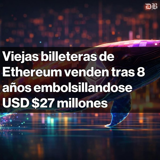 The image features a stylized, digital whale illustration set against a vibrant, neon-lit cityscape background, symbolizing large cryptocurrency transactions. Bold white text overlay reads "Viejas billeteras de Ethereum venden tras 8 años embolsillandose USD $27 millones," highlighting the news about four dormant Ethereum wallets that sold 33,623 ETH after eight years of inactivity, generating $27.4 million in profits while missing out on $150 million in potential gains during 2021 and 2025 market peaks.