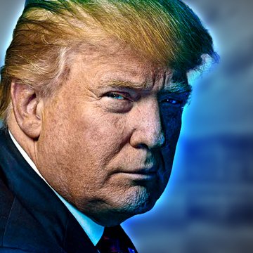 A digitally stylized close-up portrait of President Donald Trump with an intense expression, set against a dark blue background. The image accompanies a post highlighting his pressure on the Federal Reserve to cut interest rates despite stronger-than-expected U.S. jobs data, visually anchoring the political tension described in the text.