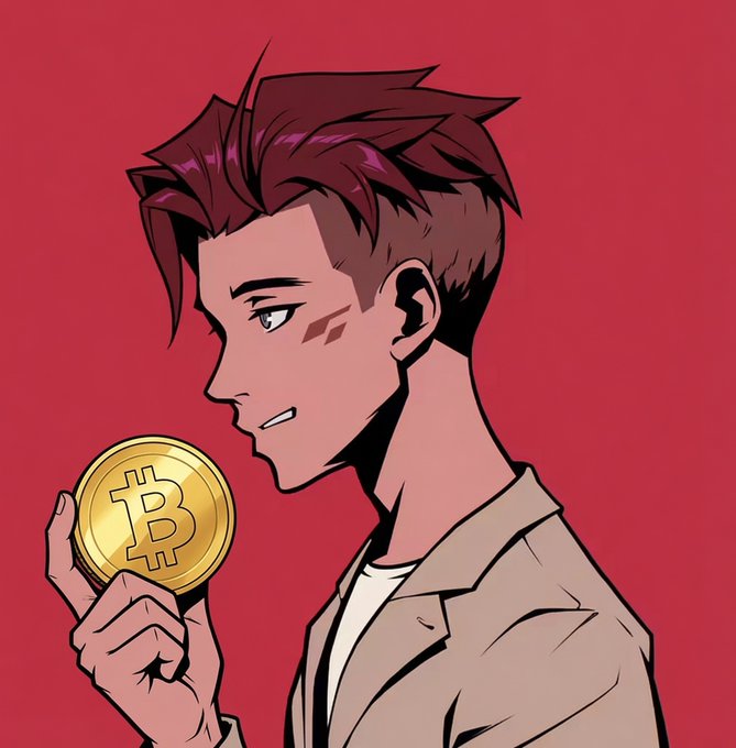 An anime-style illustration of a young man with spiky dark red hair in profile, holding a gold Bitcoin coin against a red background.