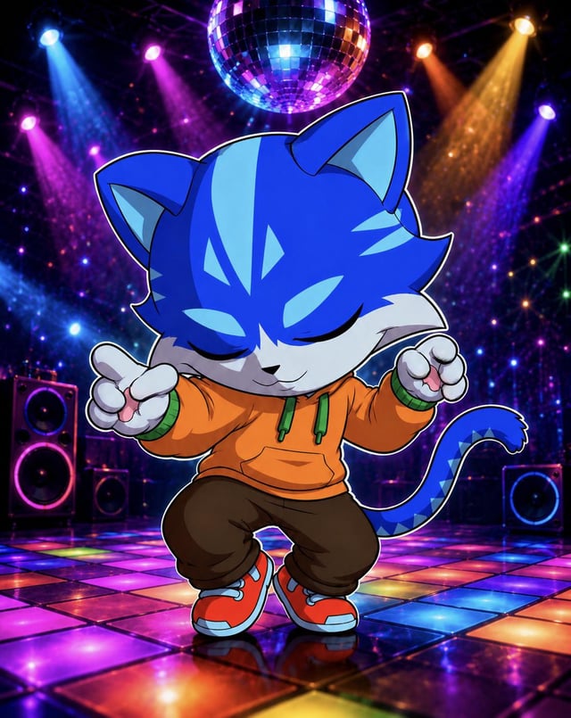 A cartoon illustration of a blue and white cat character wearing an orange hoodie and red sneakers dancing under a disco ball on a colorful dance floor.