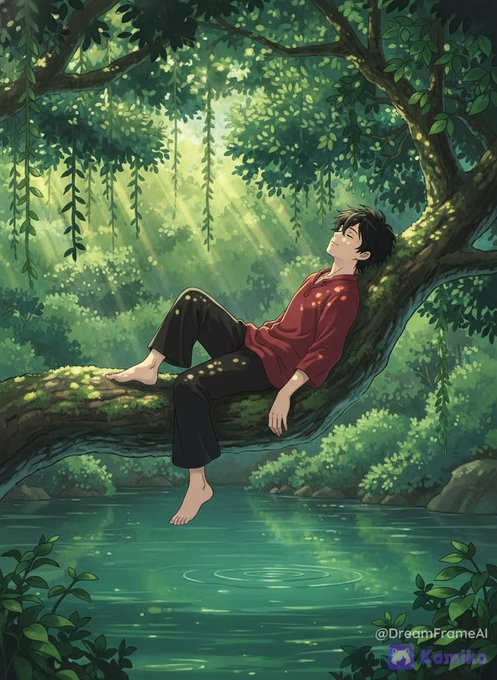An anime-style illustration shows a young man in a red shirt and black pants resting barefoot on a tree branch over a calm green pond, with sunlight filtering through the leaves. The watermark reads '@DreamFrameAI'.