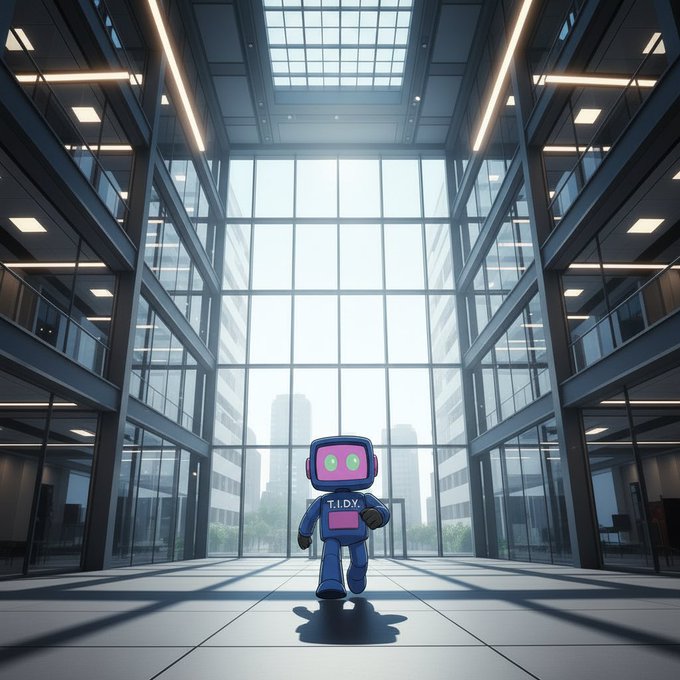 A small blue robot character with a screen face displaying green and pink lights walks through a tall, modern glass atrium with multiple floors and city views visible through the windows.