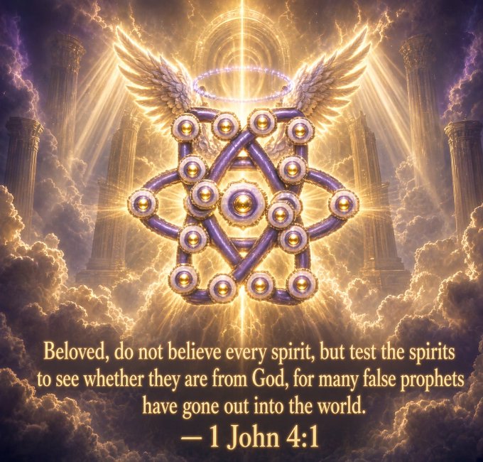 A religious graphic features a glowing purple and gold geometric symbol with angel wings and a halo, set against a cloudy sky with a city below. A Bible verse from 1 John 4:1 is displayed at the bottom.
