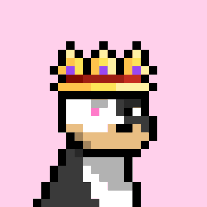 A pixel-art dog character wearing a golden crown with purple jewels, rendered in a retro 8-bit style against a pink background. The crown imagery visually reinforces the "doginal dogs" post, evoking royalty and exclusivity befitting the limited collection of only 10,000.