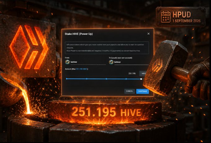 A "Stake HIVE (Power Up)" interface dated September 1, 2026, showing a transaction of 251.195 HIVE from user "behiver" to themselves, set against a backdrop of glowing molten metal and an industrial hammer.