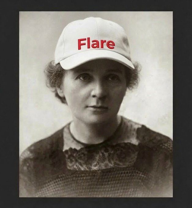 A sepia-toned vintage photograph of a young woman wearing a white baseball cap with the word "Flare" in red text on the front.