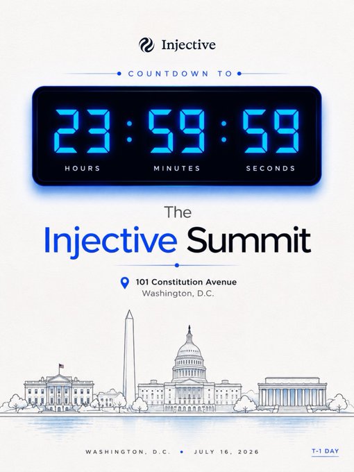 A countdown clock displays "23:59:59" (hours, minutes, seconds) for "The Injective Summit" taking place July 16, 2026 at 101 Constitution Avenue, Washington, D.C., with line illustrations of the White House, Washington Monument, and Capitol building below. The "T-1 DAY" label in the corner aligns with the post's message that the Injective Summit begins in approximately 24 hours.