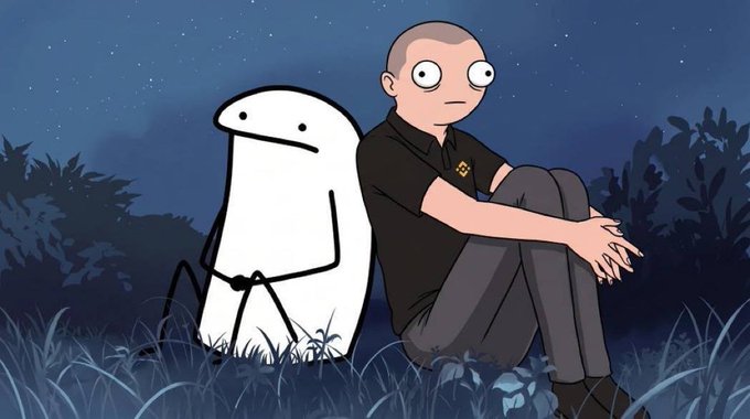 Under a starry night sky, a cartoon figure with wide eyes sits in the grass beside a white blob-like character, both gazing outward as if waiting for an update—mirroring the post's eager, anxious anticipation of a price surge with no pullback in sight.