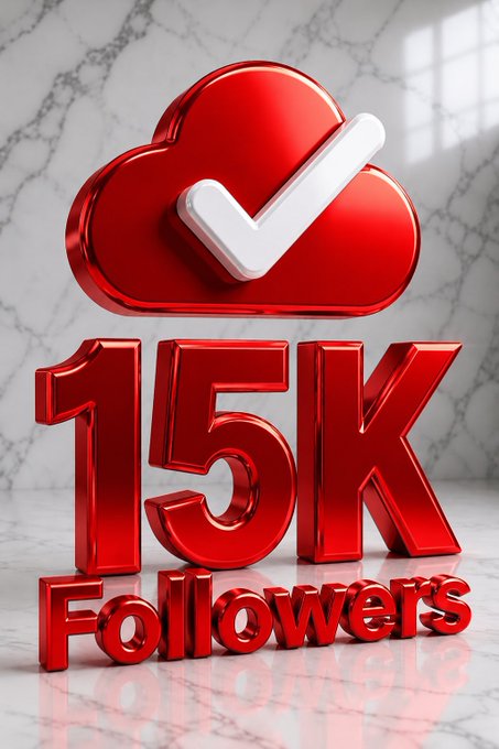 A 3D red graphic with a white checkmark inside a cloud above the text '15K Followers' on a white marble background.