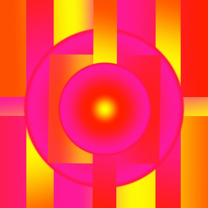 An abstract geometric composition featuring overlapping circles, squares, and vertical stripes in vibrant shades of red, pink, orange, and yellow.