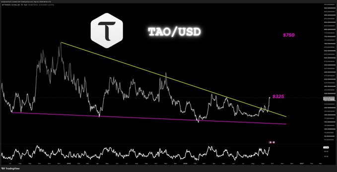 A TAO/USD TradingView chart displays a descending wedge pattern (highlighted by yellow and magenta trendlines) with the price breaking upward to reach the labeled target of $325, having previously traded near $750. The recent breakout aligns with the post's claim of a "clean W play" successfully tapping the projected target.
